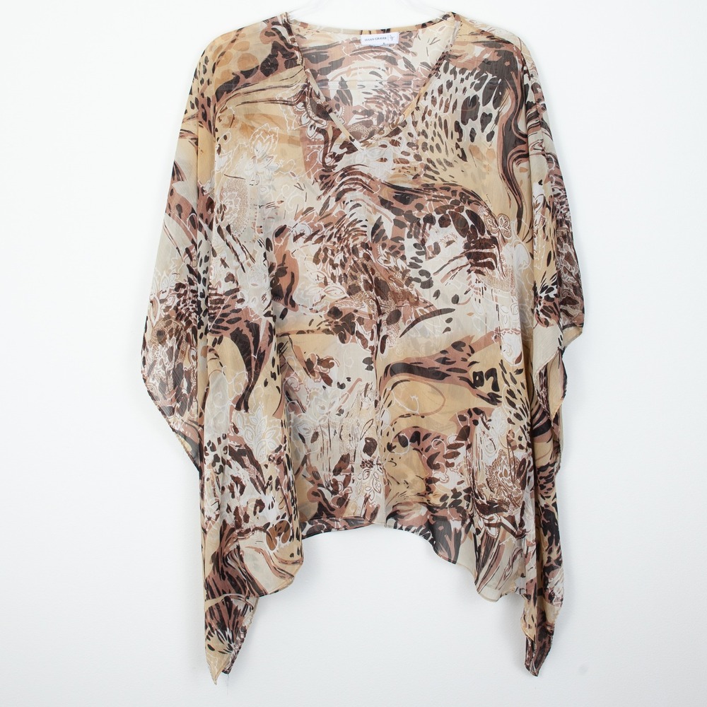 Susan Graver Sheer Animal Print Tunic Top Shark Bite Hem Women's OS Brown Beige